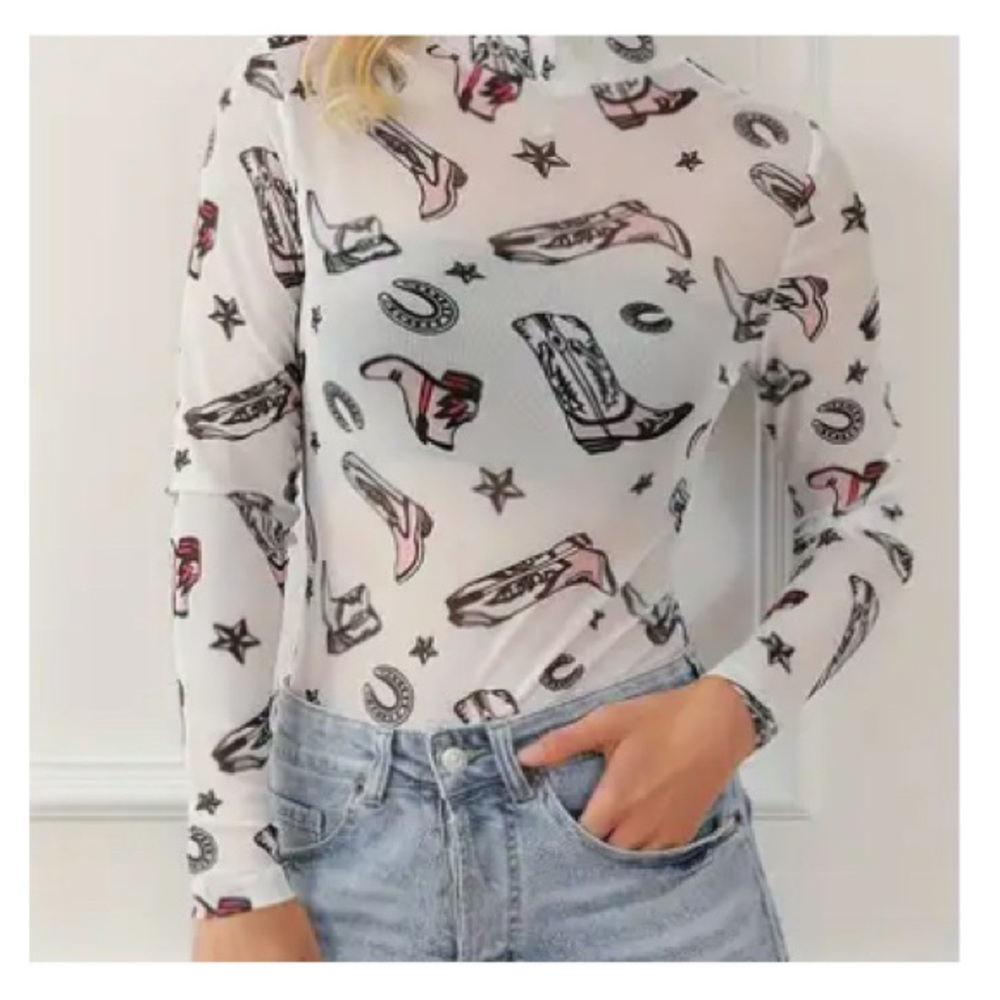 White western print mesh bodysuit